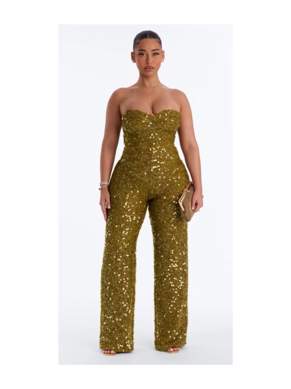 Fashion Nova Olive Sequin Strapless Jumpsuit
